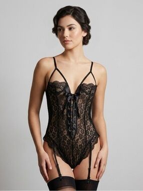 Midnight Lace Garter Bodysuit – Noir Sheer Mesh